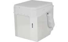 Witte rechthoekige kunststofcontainer met gesloten deksel, zijhandgreep met bevestigd zakje en smal blauw zichtvenster