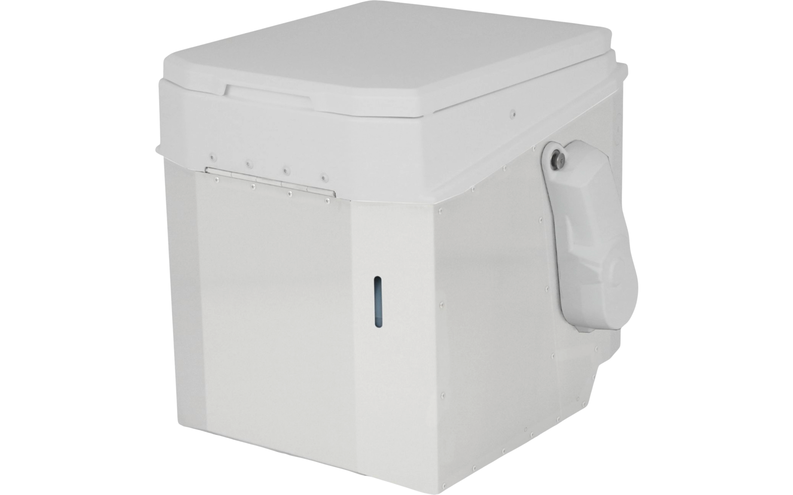 Weißer rechteckiger Kunststoffbehälter mit geschlossenem Deckel, seitlichem Griff mit befestigtem Beutel und schmalem blauem Sichtfenster