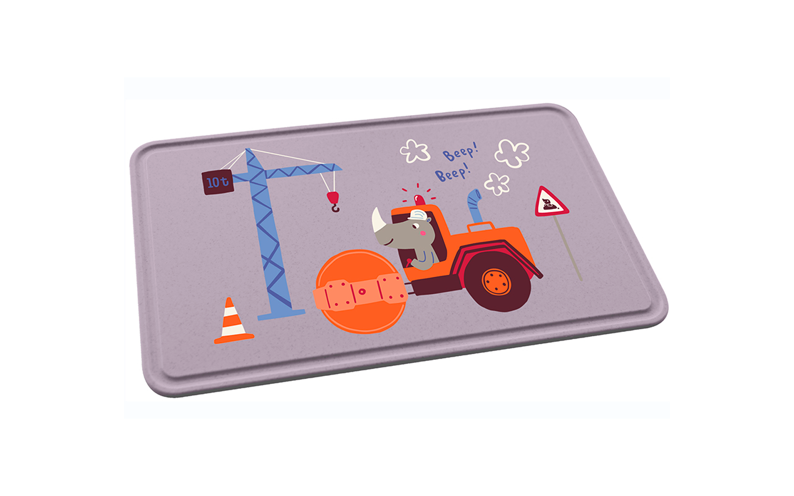Speelgoed bouwvoertuig met kraan en verkeersborden op een rechthoekig oppervlak