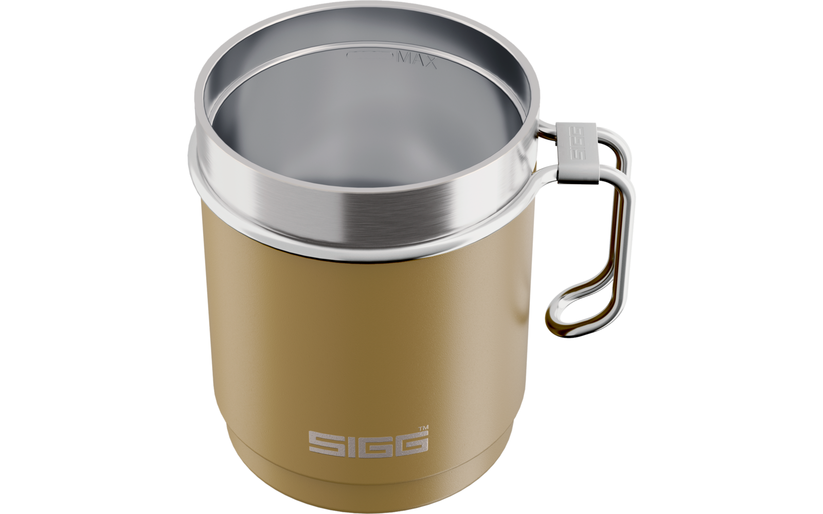 Metallbecher mit sichtbarem Innenraum, silbernem Rand, gebogenem Metallgriff und aufgedrucktem SIGG-Logo