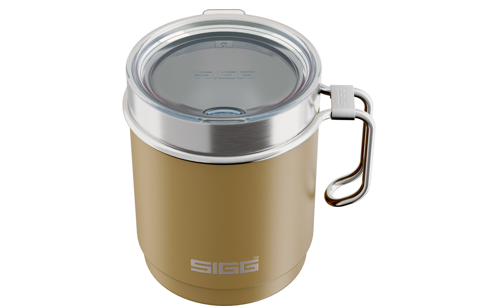 Goldfarbener, zylindrischer Becher mit transparentem Kunststoffdeckel, silbernem Rand, seitlichem Metallgriff mit Karabinerhaken und weißem "SIGG"-Logo
