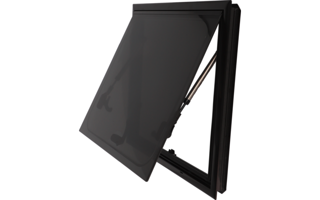 Schwarzes rechteckiges Fenster mit geöffnetem Flügel, sichtbarem Metallrahmen und Scharnier
