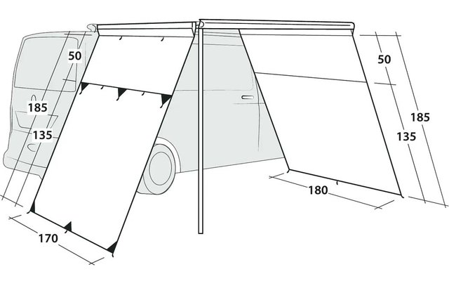 Dessin en traits d’un utilitaire avec deux toiles déployées sur le côté, un poteau de soutien et des cotes numériques (50, 135, 185, 170, 180)
