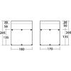 Deux rectangles schématiques côte à côte ; à gauche '180' en bas, à droite '170' ; chiffres latéraux '20', '50', '205', '135' ; chaque rectangle présente une bande étroite en haut et de petits triangles noirs le long du bord supérieur de la grande zone