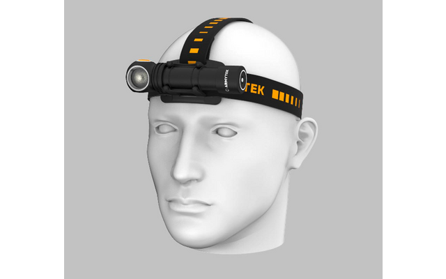 Weißer Helm mit Kopfband und montierter Stirnlampe auf einem weißen Kopfmodell