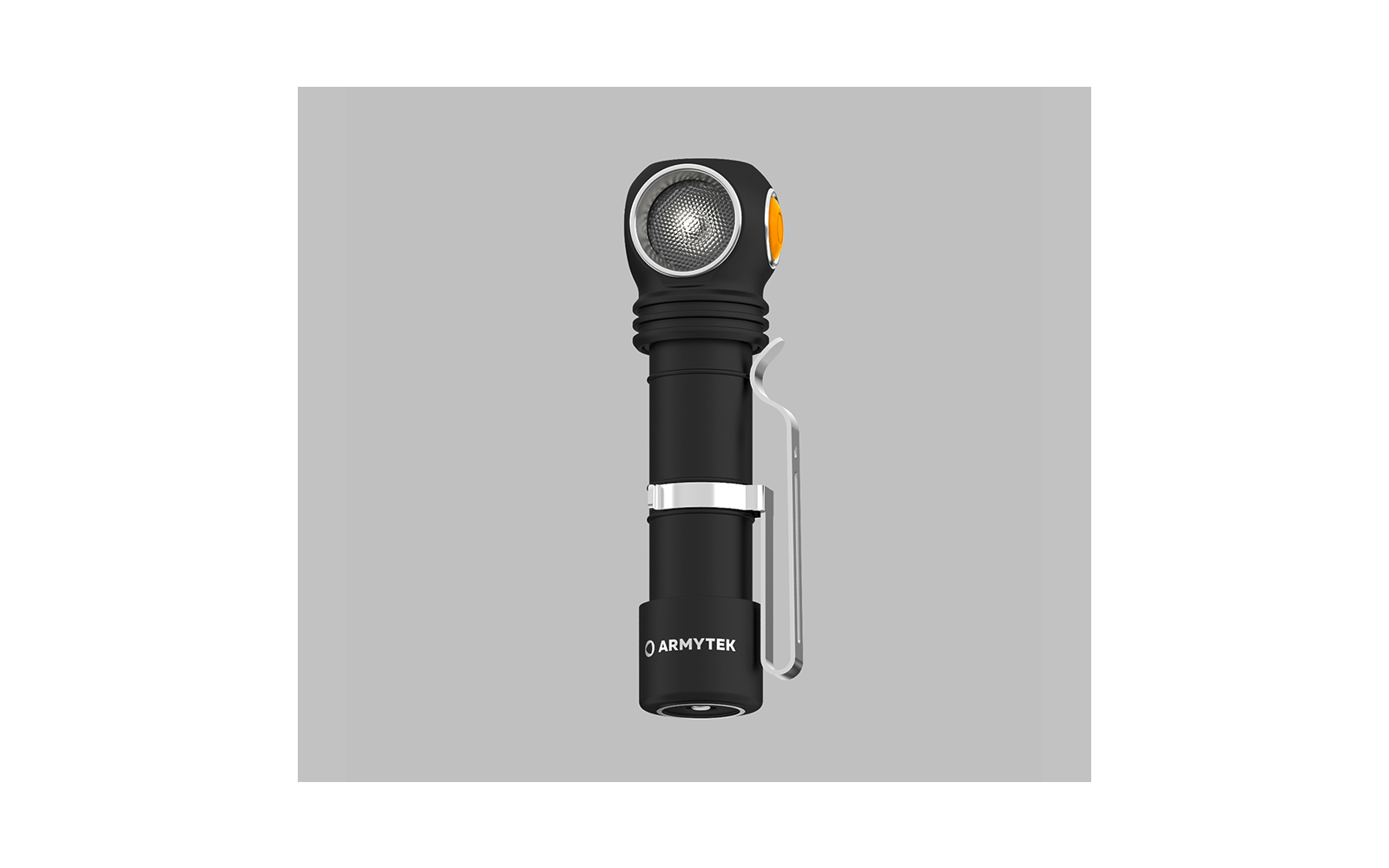 Kleine schwarze Taschenlampe mit silbernem Clip auf grauem Hintergrund