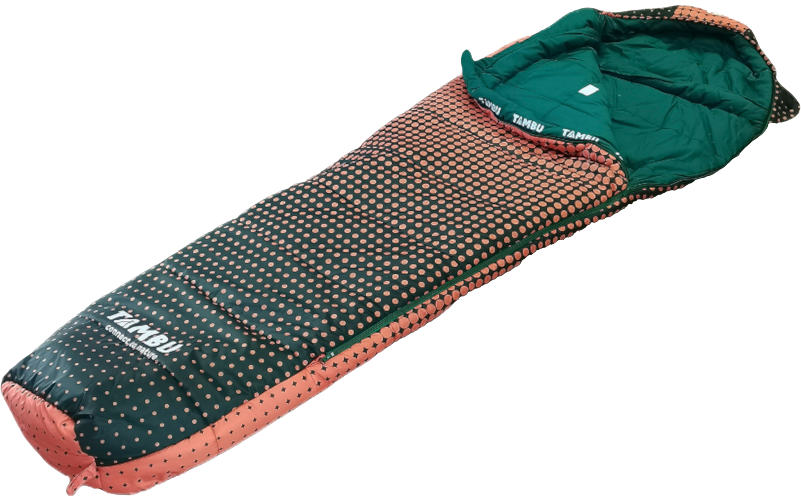 Green and orange mummy sleeping bag with polka-dot pattern, open zipper and padded hood