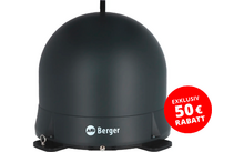 Dark gray dome-shaped device on a flat base with the 'Berger' logo, cable at the top, red circular sticker reading 'EXKLUSIV 50 € RABATT', and metal fasteners at the base