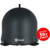 Dark gray dome-shaped device on a flat base with the 'Berger' logo, cable at the top, red circular sticker reading 'EXKLUSIV 50 € RABATT', and metal fasteners at the base