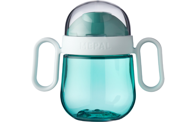 Vaso de aprendizaje azul con asas blancas y tapa