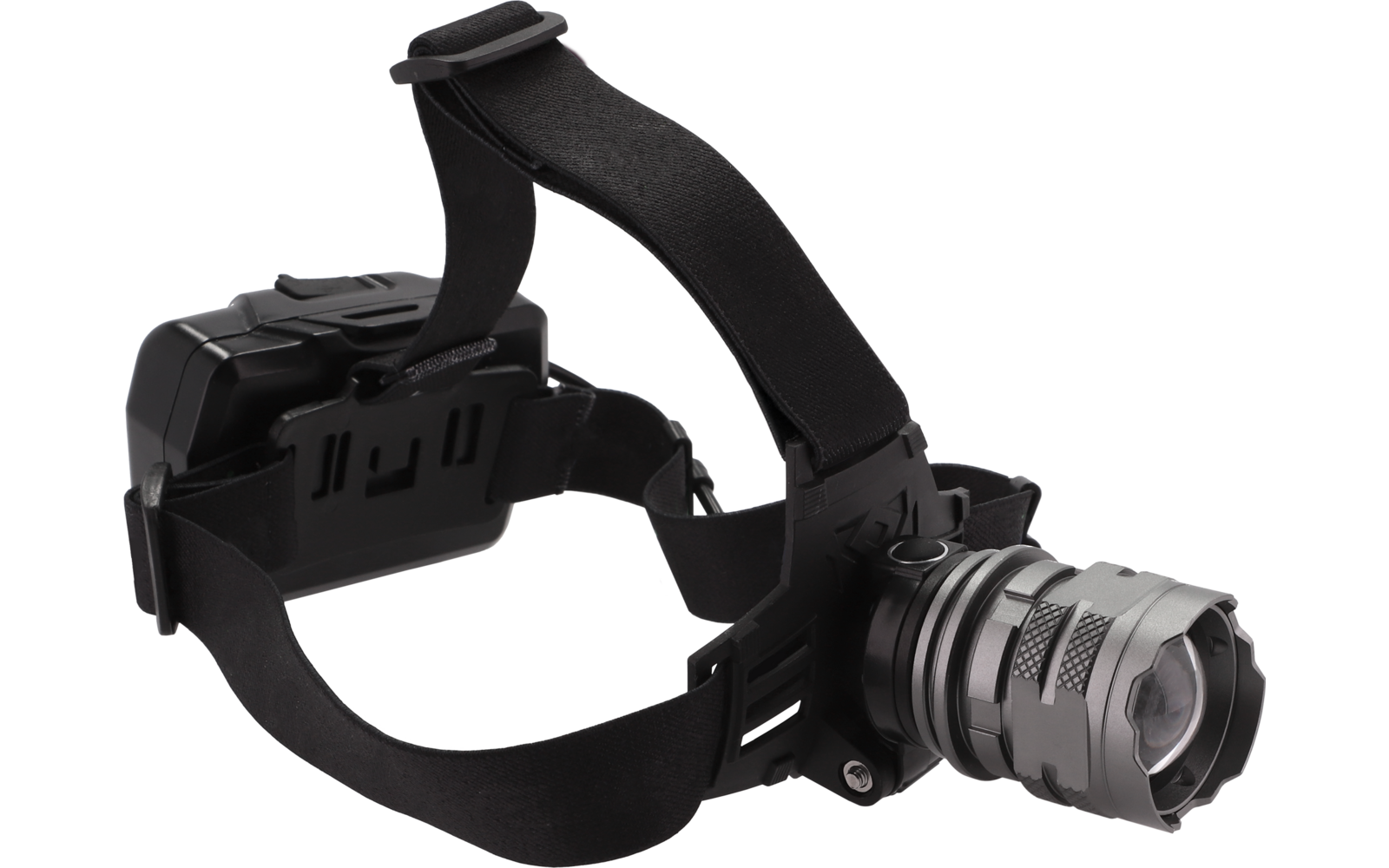 Stirnlampe mit schwarzem Kopfband, silberner Leuchtkopf vorne und schwarzes Batteriefach hinten