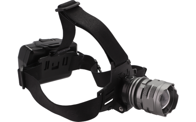 Stirnlampe mit schwarzem Kopfband, silberner Leuchtkopf vorne und schwarzes Batteriefach hinten