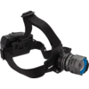Lampe frontale avec bandeau noir, tête lumineuse argentée à l'avant et boîtier de pile noir à l'arrière