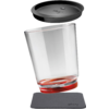 Glass with red base, black lid, and gray coaster