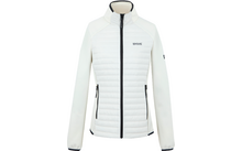 Chaqueta blanca de mujer con cremallera negra y bolsillos laterales