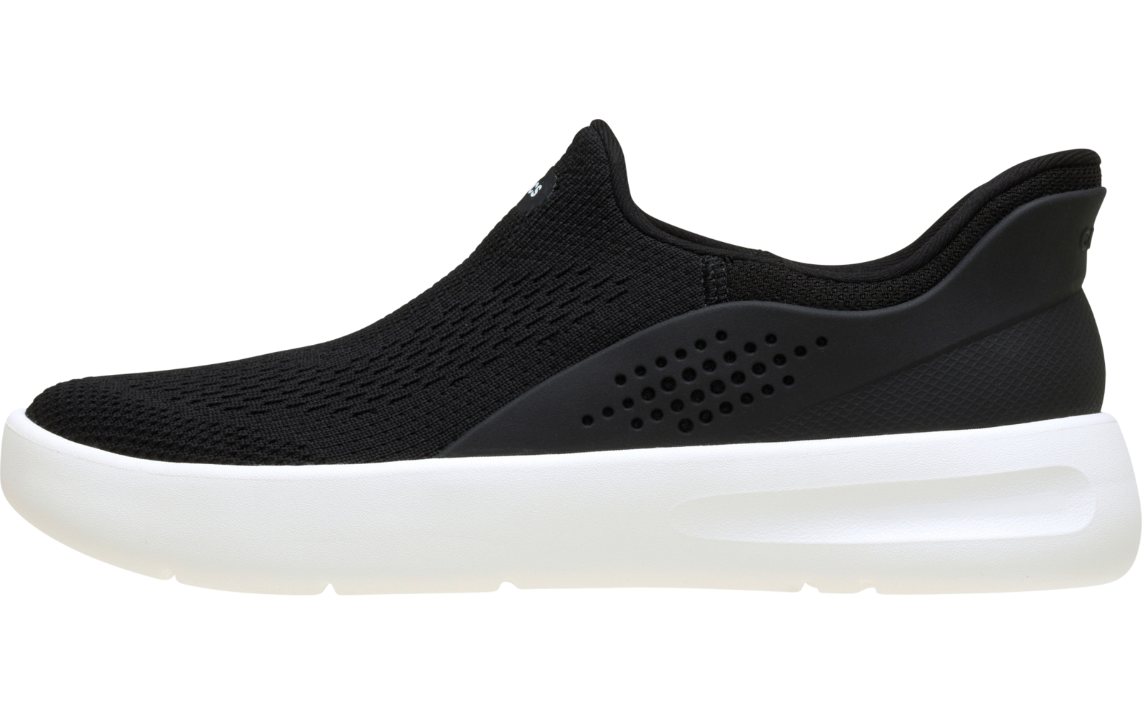 Seitliche Ansicht eines schwarzen Slip-on-Sneakers mit Mesh-Obermaterial und weißer Sohle