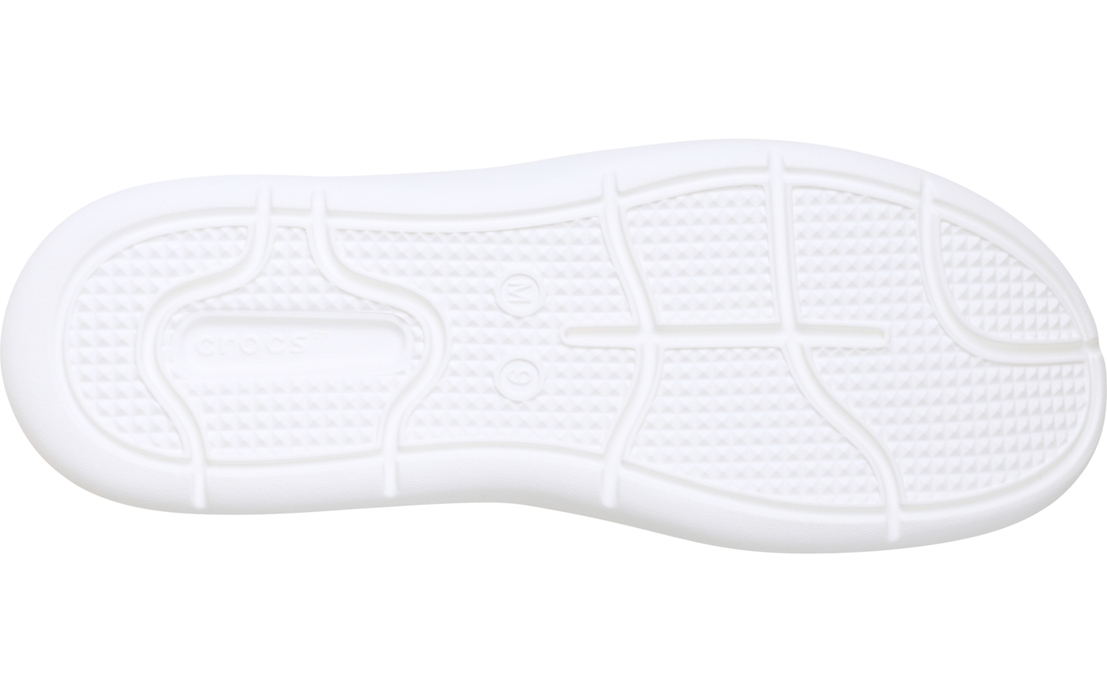 Weiße Schuhsohle mit geriffeltem Profil, rechteckigen Rillen, kleinen runden Noppen und leichter Schattierung auf weißem Hintergrund