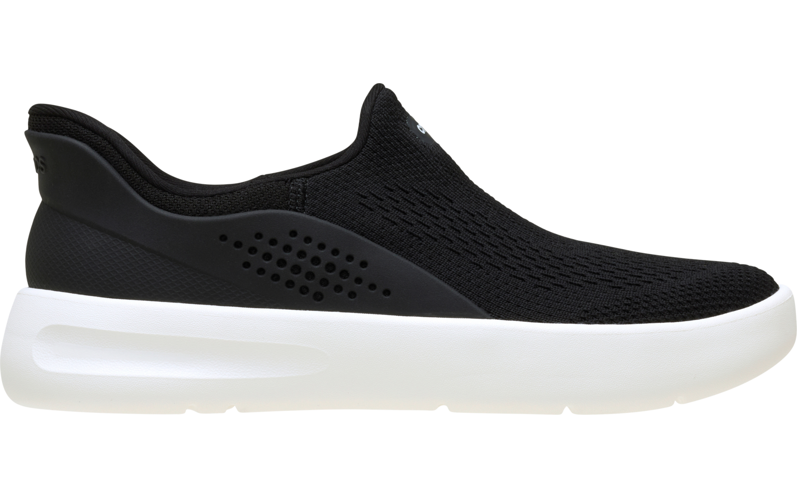 Schwarzer Slip‑on Sneaker ohne Schnürsenkel, gestricktes Obermaterial, seitliche Lochungen und weiße dicke Sohle