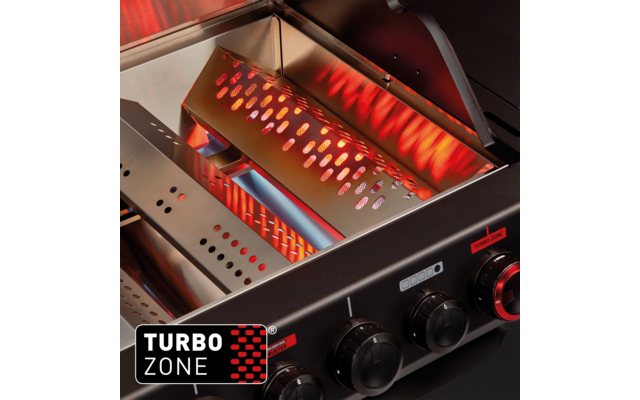 Geöffneter Edelstahlgrill mit rot glühendem Brenner, gelochtem Hitzeschild, drei schwarzen Bedienknöpfen und ‚Turbo Zone‘-Logo