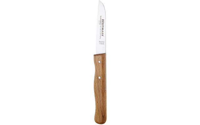 Kleines Küchenmesser mit schmaler, spitz zulaufender Metallklinge und hellem Holzgriff mit zwei Metallnieten