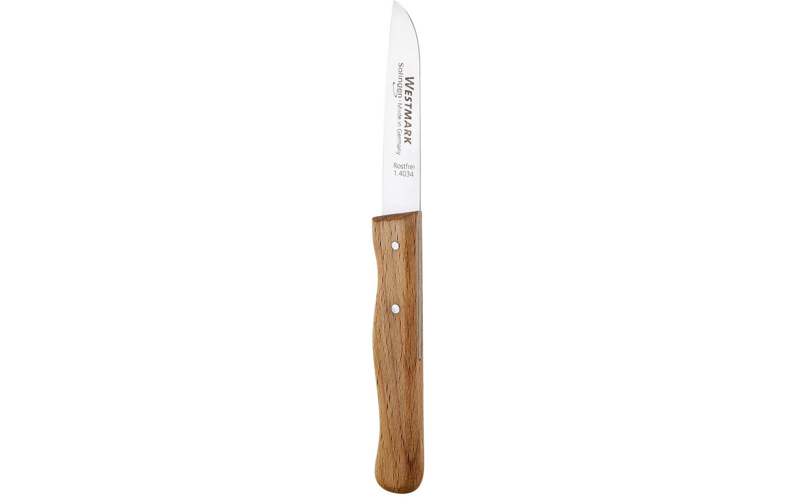 Kleines Küchenmesser mit schmaler, spitz zulaufender Metallklinge und hellem Holzgriff mit zwei Metallnieten