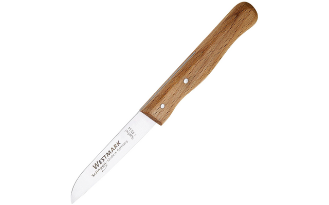 Kleines Messer mit silberner Klinge und braunem Holzgriff mit drei Nieten; Aufschrift "WESTMARK Solingen Made in Germany" auf der Klinge