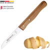 Schälmesser mit Holzgriff und Edelstahlklinge, auf der Klinge der Schriftzug 'WESTMARK', oben links deutsches Flaggenlogo mit 'MADE IN GERMANY' und '5 Jahre Garantie / years guarantee', daneben eine halb geschälte Kartoffel mit spiralem Schalenstreif