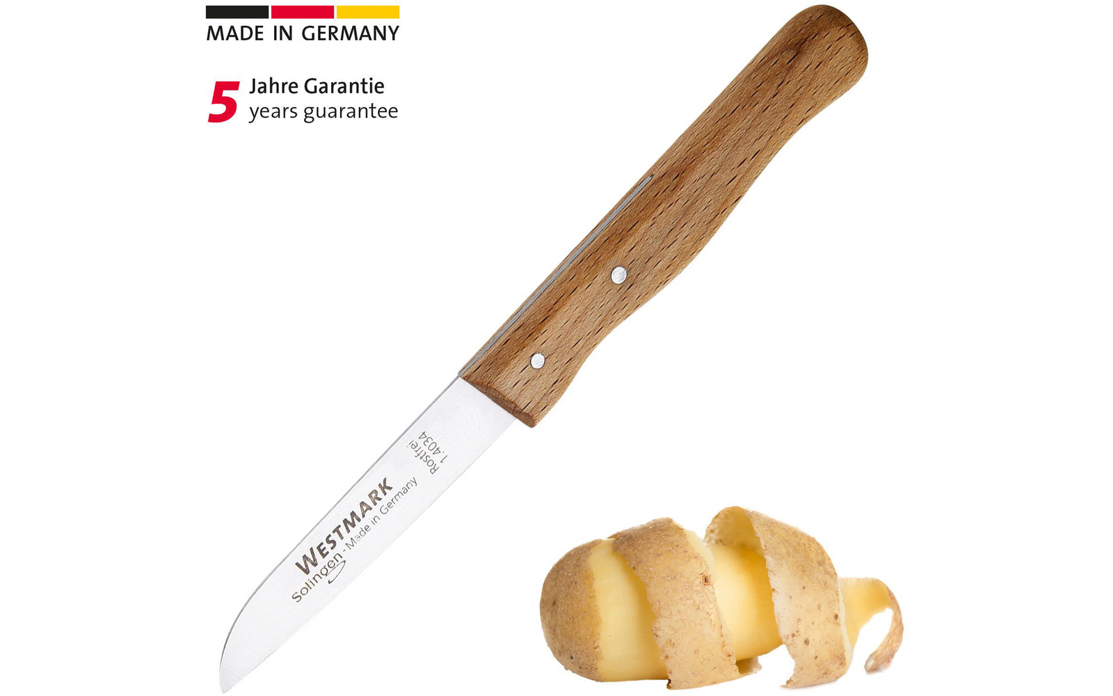 Schälmesser mit Holzgriff und Edelstahlklinge, auf der Klinge der Schriftzug 'WESTMARK', oben links deutsches Flaggenlogo mit 'MADE IN GERMANY' und '5 Jahre Garantie / years guarantee', daneben eine halb geschälte Kartoffel mit spiralem Schalenstreif