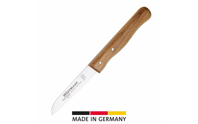 Kleines Messer mit Holzgriff (drei Nieten) und Metallklinge mit Schriftzug 'WESTMARK', darunter schwarze, rote und goldene Balken und Schrift 'MADE IN GERMANY' auf weißem Hintergrund
