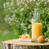 Glasflasche mit orangefarbenem Saft auf einem Baumstumpf, daneben halbe und ganze Aprikosen und ein Messer, unscharfer grüner Hintergrund mit weißen Blüten