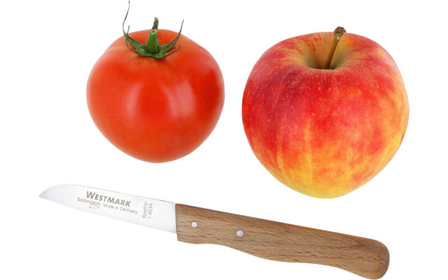 Rote Tomate links, rot-gelbe Apfel rechts, darunter kleines Messer mit Holzgriff und Metallklinge auf weißem Hintergrund
