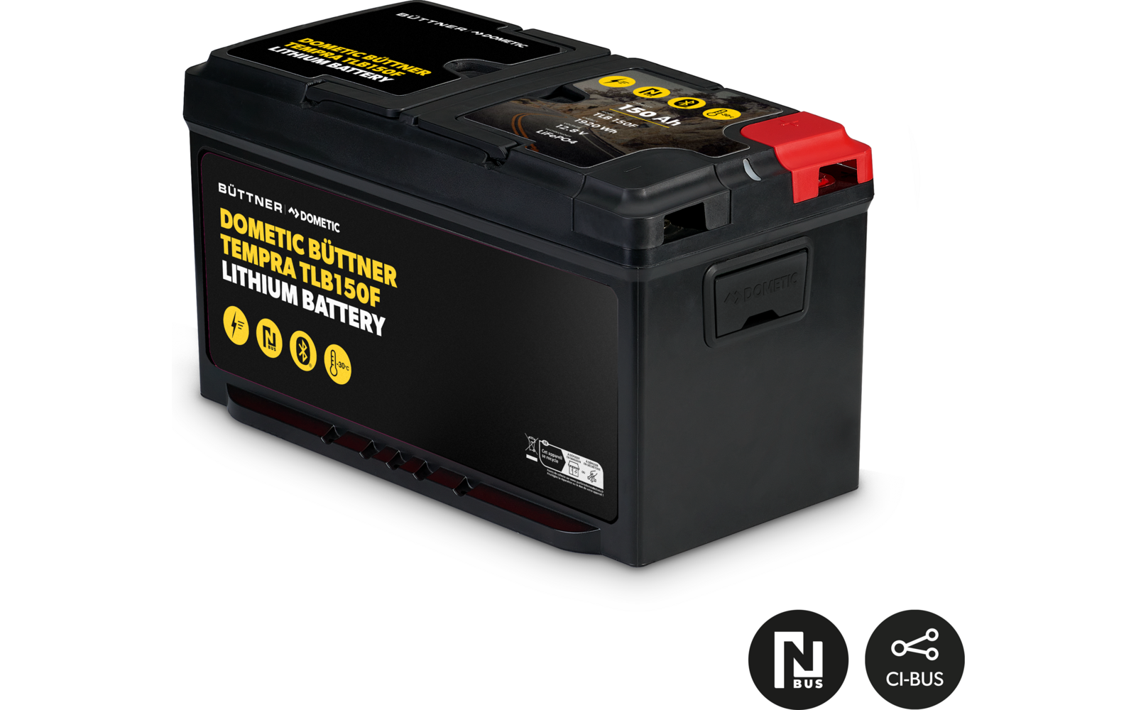 Schwarze Lithium-Batterie mit gelber Aufschrift von Dometic Rüttner Tempral 85DS, rote und schwarze Anschlüsse, rechteckige Form