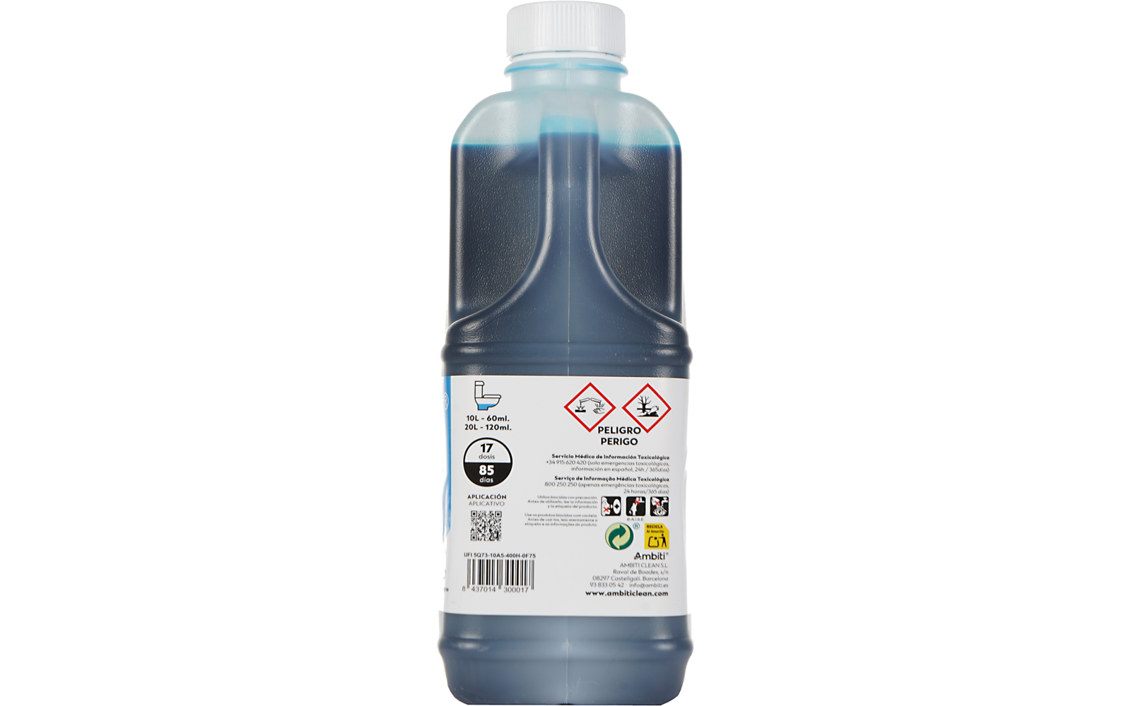 Botella de plástico semitransparente con tapa de rosca blanca que contiene líquido oscuro; etiqueta blanca con texto, código de barras y dos pictogramas rojos en rombo; fondo blanco