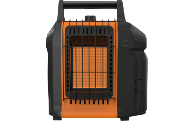 Black portable device with an orange rectangular front, square orange panel behind a black metal grille, top carry handle and control knob