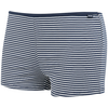 Kurze Boxershorts (Trunks) mit dunkelblauen und weißen horizontalen Streifen auf weißem Hintergrund, vordere Naht sichtbar, kleines Etikett am Bund