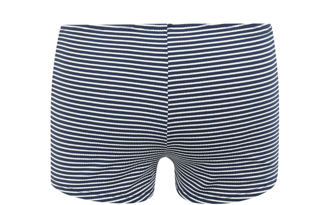 Rückansicht einer dunkelblau-weiß gestreiften, eng anliegenden Boxershort