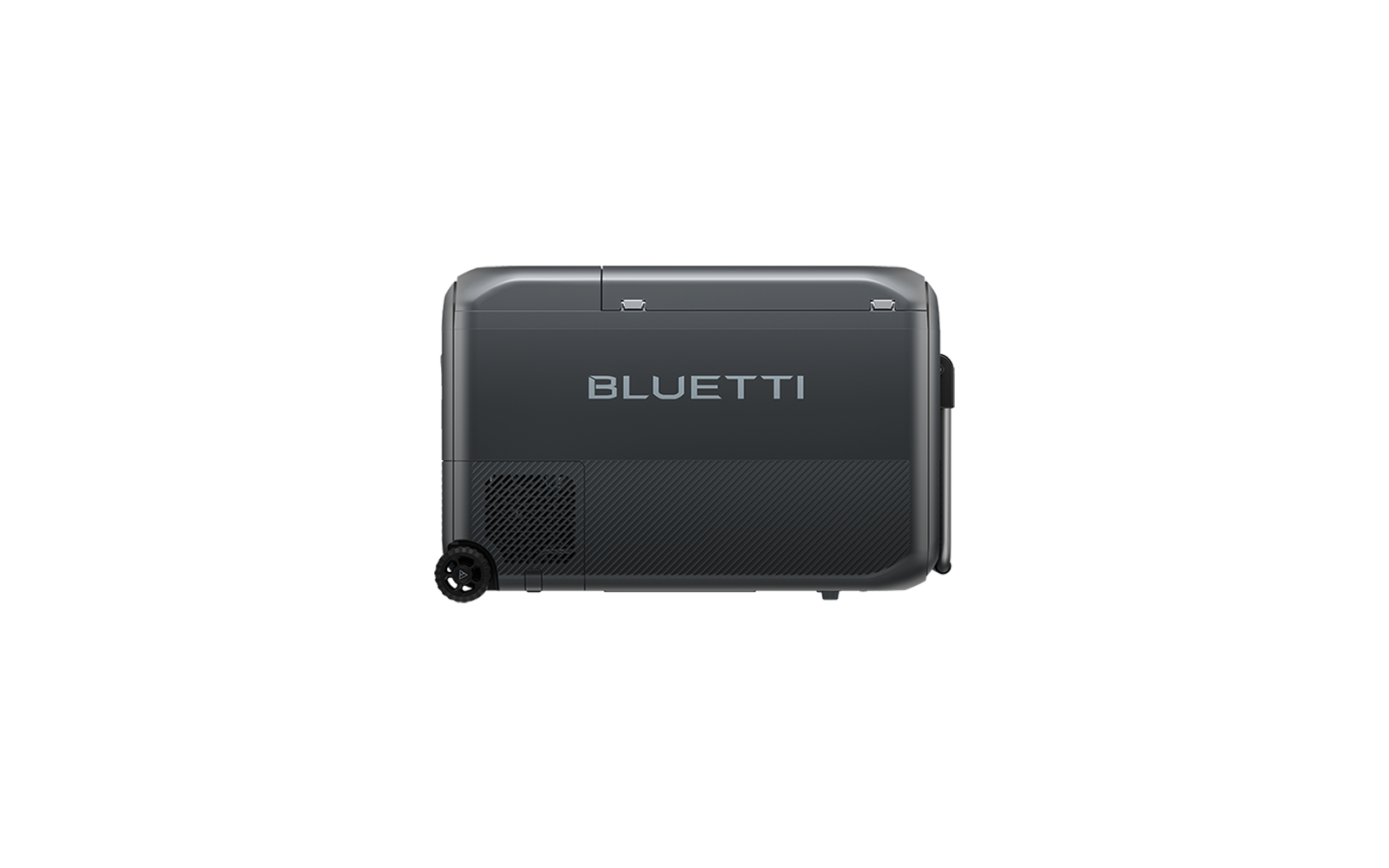 Grijs-metallic rechthoekig apparaat met groot "BLUETTI"-logo op de voorkant, ventilatierooster linksonder, diagonale structuur op het onderste paneel, wiel linksonder en draaggreep aan de rechterzijde