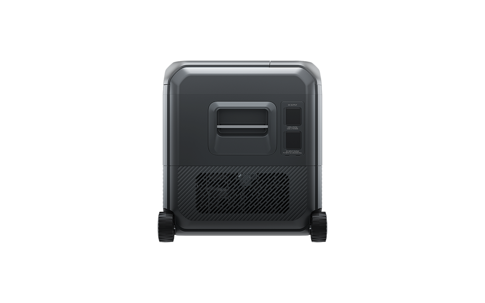 Donkergrijs rechthoekig apparaat met afgeronde hoeken, verzonken horizontale handgreep in het midden, twee rechthoekige panelen rechts, diagonaal ventilatierooster onderaan en twee wielen in de onderste hoeken