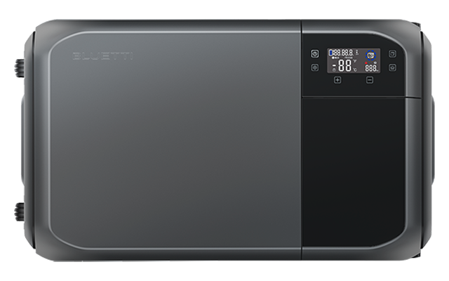 Grijs rechthoekig apparaat met afgeronde hoeken; links matte oppervlakte, rechts zwart bedieningspaneel met digitaal display en knoppen