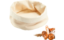 Panier rond en tissu beige, en bas à droite assortiment de pains: baguette, petits pains, bretzel et épis de blé