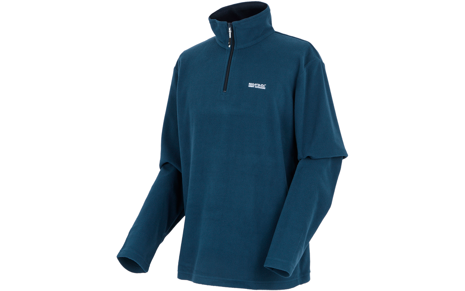 Blauer Fleece-Pullover mit Stehkragen, kurzem Reißverschluss, langen Ärmeln und kleinem weißen Logo auf der linken Brust