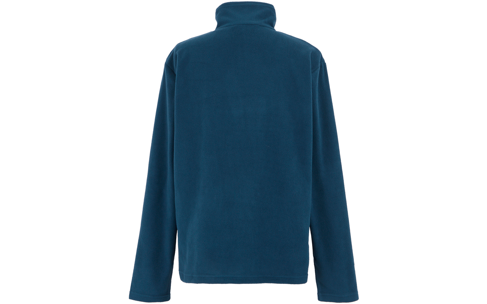 Blaue Jacke von hinten, Stehkragen und lange Ärmel, ohne Muster