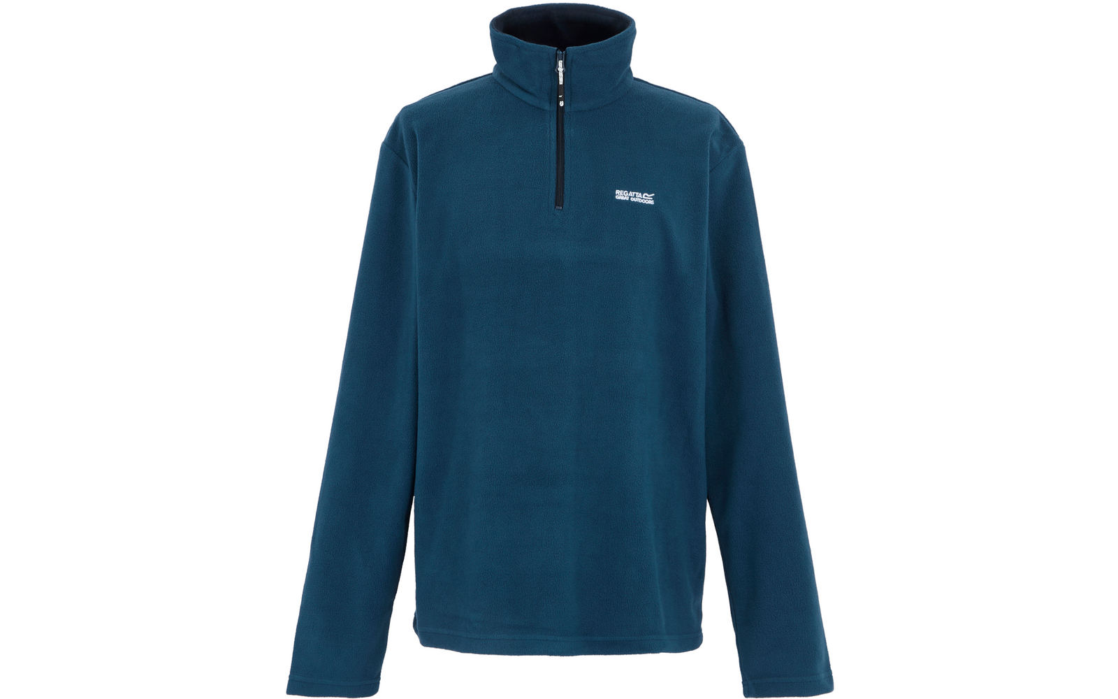 blaugrüner Fleece-Pullover mit Stehkragen, kurzem Reißverschluss vorn, langen Ärmeln, kleinem weißen Logo auf der linken Brust, weißer Hintergrund