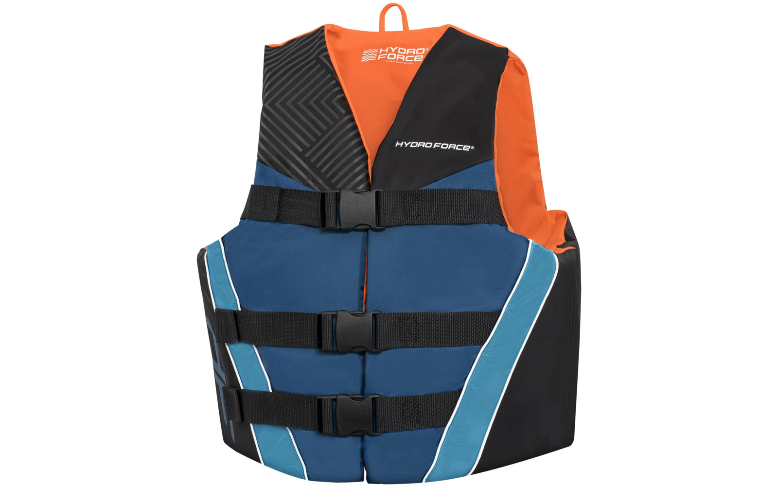 Schwimmweste in Blau, Schwarz und Orange mit drei schwarzen Schnallen und dem Schriftzug "HYDRO FORCE"