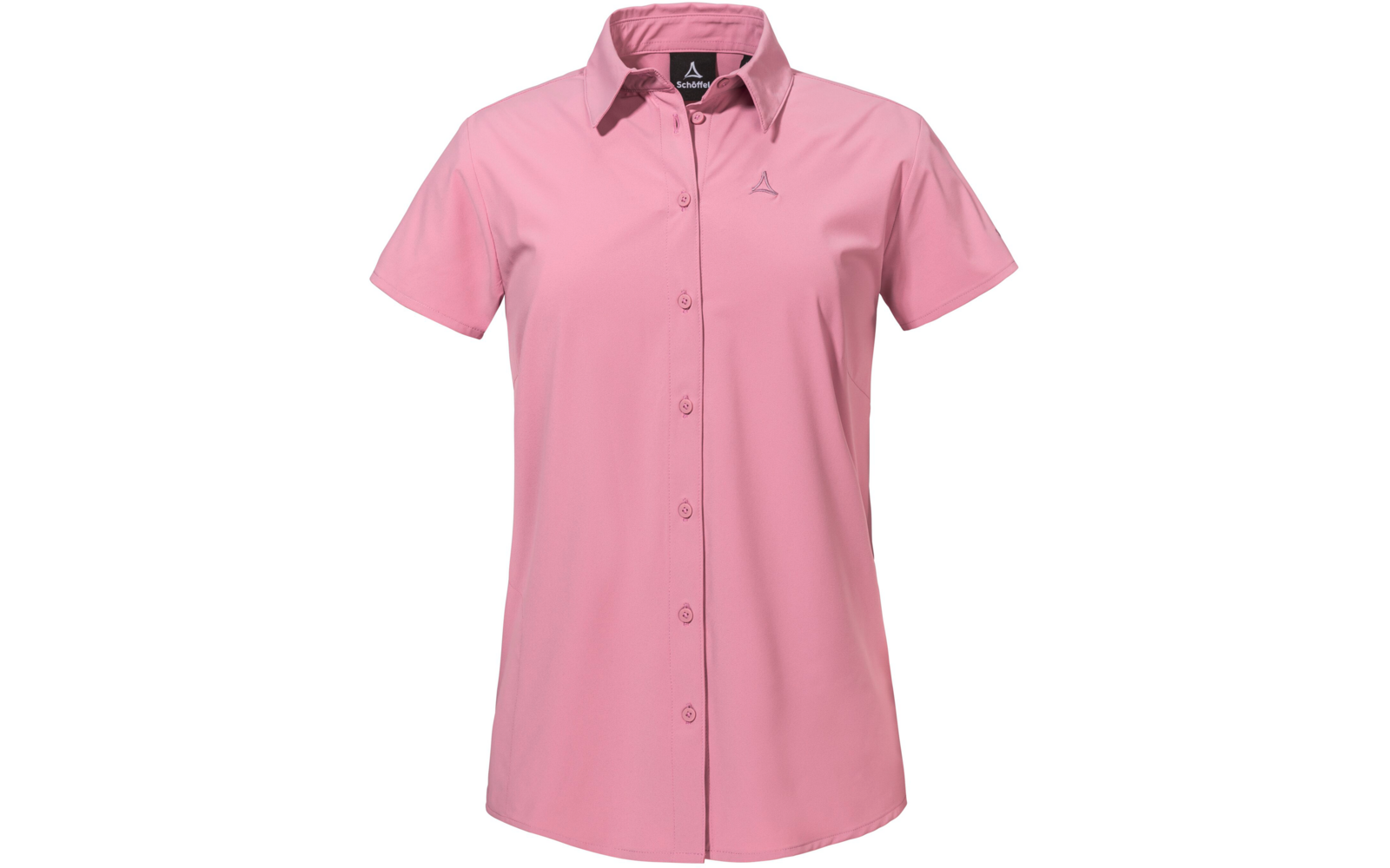 Rosa kurzärmlige Bluse mit durchgehender Knopfleiste, Kragen und kleinem Logo auf der linken Brust, freigestellt auf weißem Hintergrund