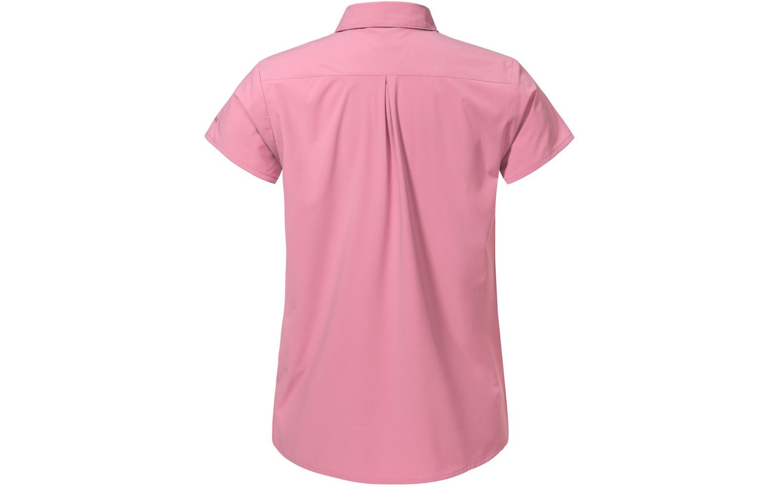 Rückenansicht eines kurzen rosa Hemds mit Kragen, kurzen Ärmeln, mittiger Rückenfalte und abgerundetem Saum