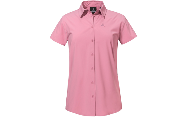 Rosa kurzärmlige Bluse mit durchgehender Knopfleiste, Kragen und kleinem Logo auf der linken Brust, freigestellt auf weißem Hintergrund