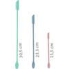 Trois cuillères à long manche de couleurs pastel (vert, bleu, rose) alignées sur fond blanc, avec les indications de longueur '30,5 cm', '23,3 cm', '15,5 cm' à côté de chaque cuillère