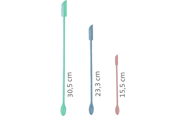 Trois cuillères à long manche de couleurs pastel (vert, bleu, rose) alignées sur fond blanc, avec les indications de longueur '30,5 cm', '23,3 cm', '15,5 cm' à côté de chaque cuillère