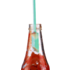 Bouteille en verre avec une sauce rouge épaisse et une spatule turquoise dans l'ouverture ; sauce sur les parois intérieures et le rebord